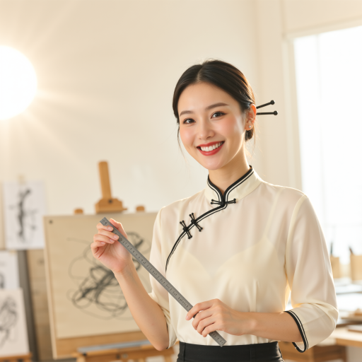 一位二十五岁左右的中国女老师，短发，穿着休闲，笑容亲切，手持教具